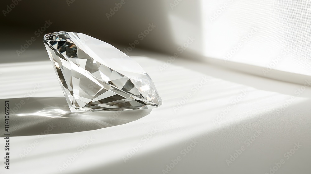 Poster a sparkling diamond resting on a surface, illuminated by soft natural light.