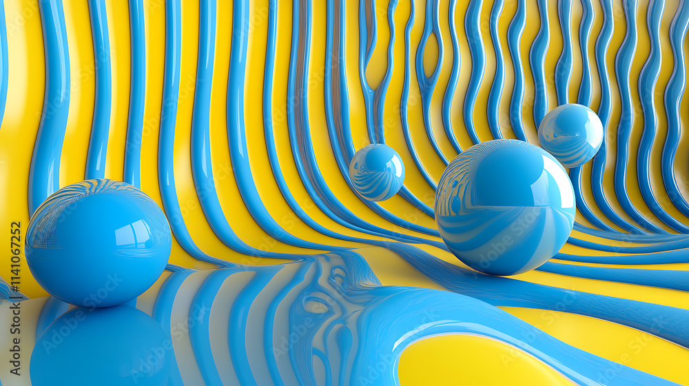 Poster Abstract background with 3d spheres floating in front of a blue and yellow background
