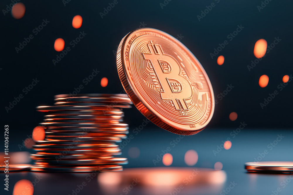 Poster close up of sleek digital currency coin hovering above stack, symbolizing innovation and finance