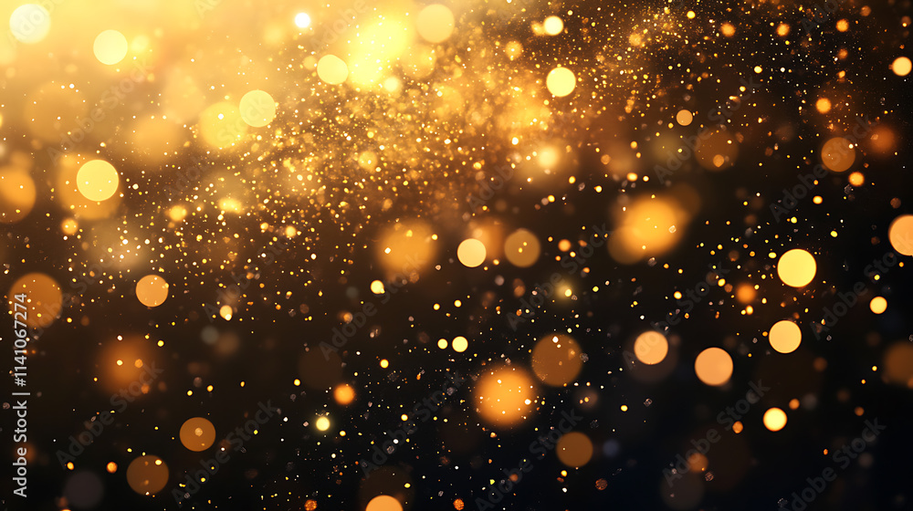 Poster Abstract background with golden confetti and bokeh lights, creating a festive and celebratory atmosphere isolated on white