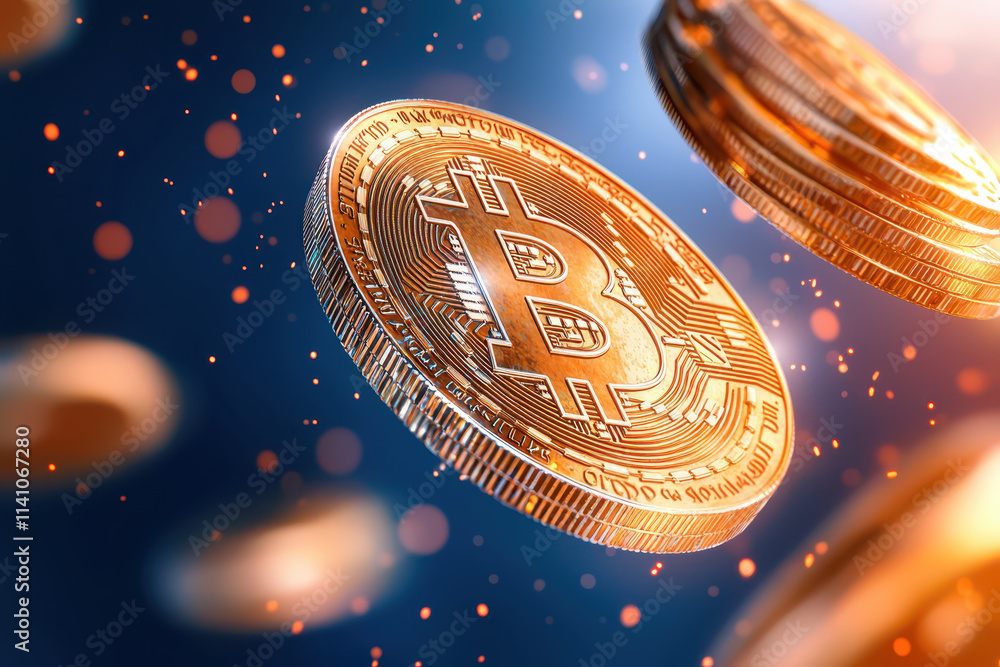 Poster digital currency coins floating in vibrant, surreal background create captivating scene