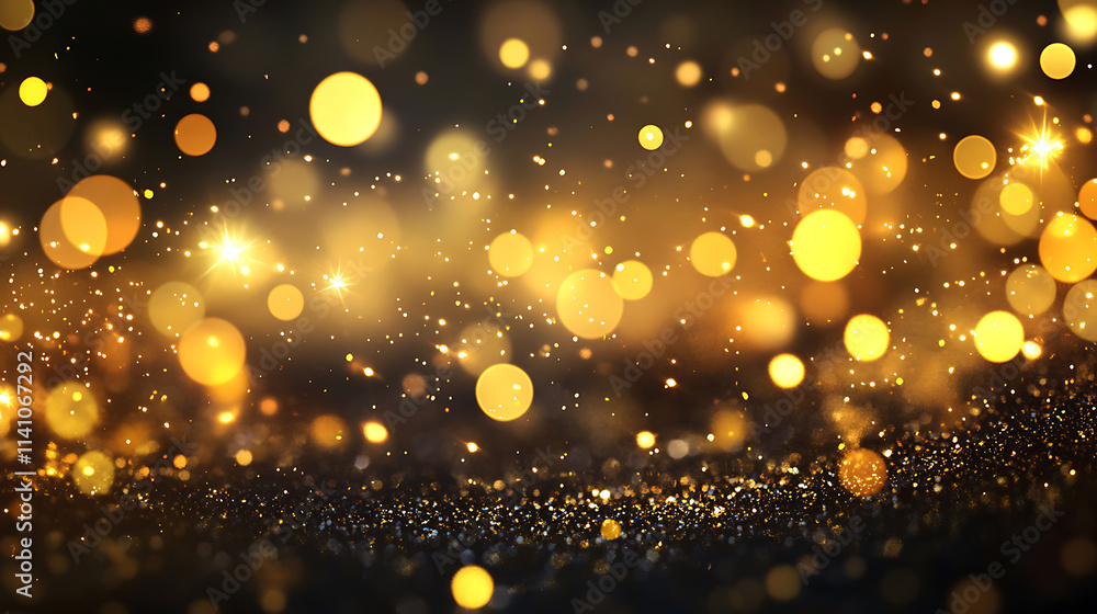 Poster Abstract background with golden confetti and bokeh lights, creating a festive and celebratory atmosphere isolated on white