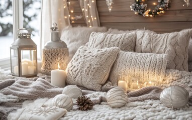 A cozy Christmas setting with glowing lanterns, snowflakes, and a warm knitted pattern in soft cream tones