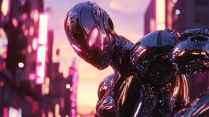 A sleek, chrome android stands in a vibrant cyberpunk cityscape at dusk. Neon lights illuminate the robots reflective surface and the urban backdrop. The scene is futuristic and stylized.