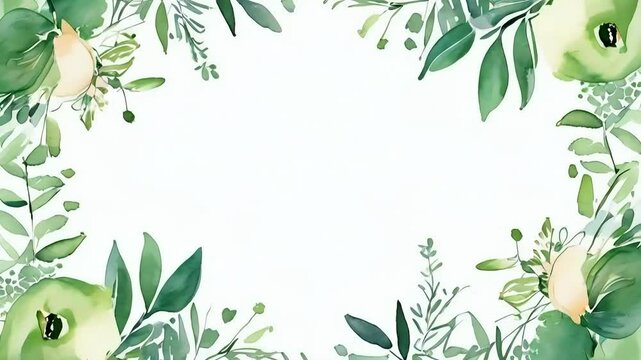 Watercolor green leaves and flowers frame.