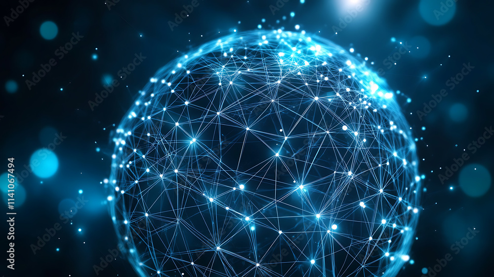 Poster Abstract black and white low poly network grid on sphere with dots and lines, technology background big data connection concept, digital wallpaper design