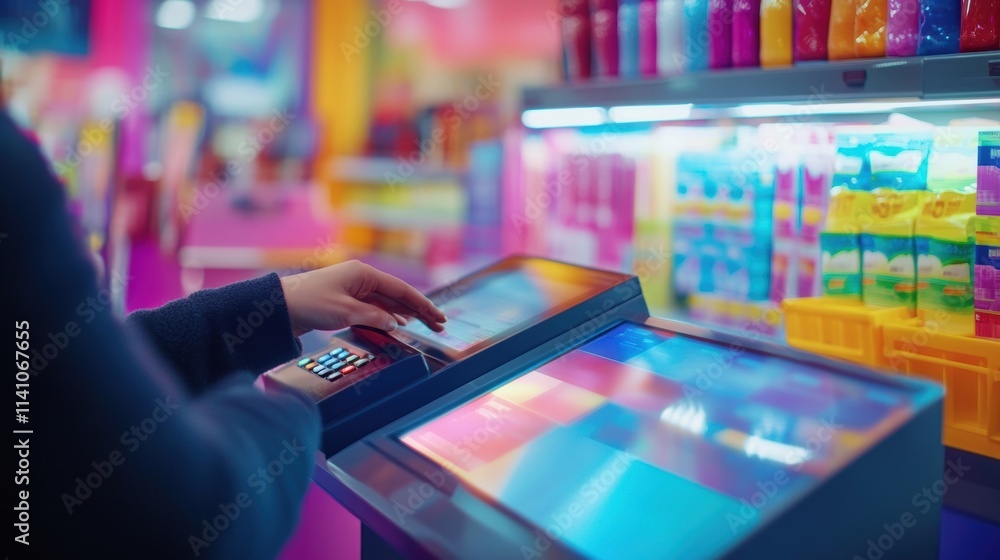 Poster a detailed view of a customer scanning items at a selfcheckout station with vibrant colors of produc