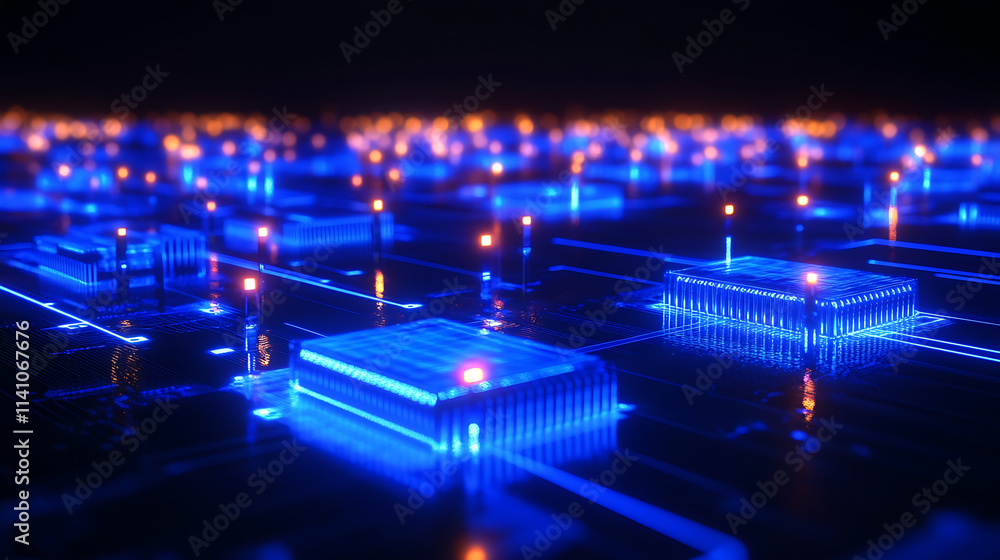 Poster abstract blue circuit board with glowing lights technology background