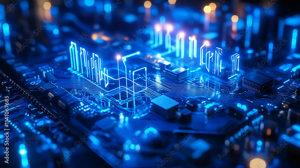Poster abstract blue circuit board with glowing lights technology background