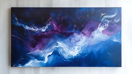 Abstract blue and purple painting with white swirls on a marble background