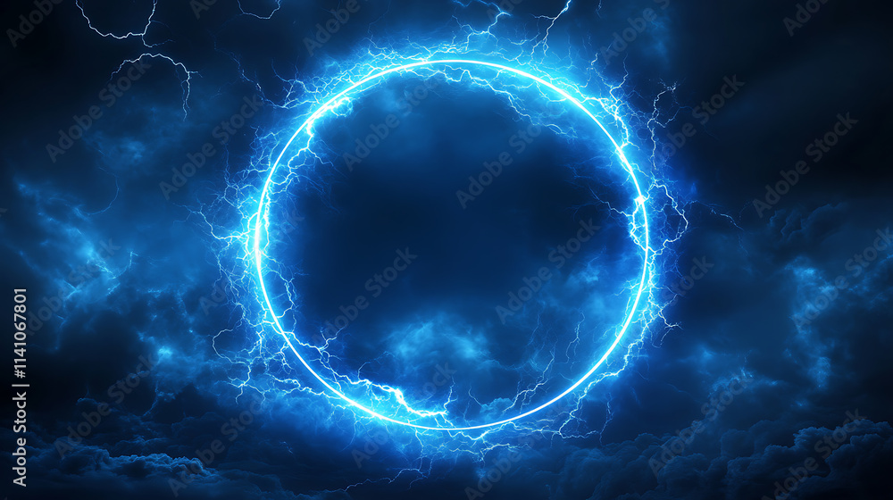 Poster abstract blue neon light background with a glowing circular frame and thunder glow effect