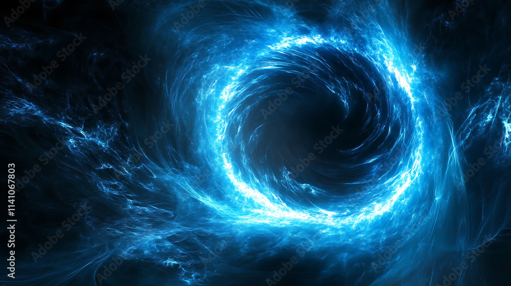Poster abstract blue neon light background with a glowing circular frame and thunder glow effect