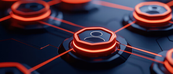 close up view of digital network with glowing user icons and connections, symbolizing technology and communication