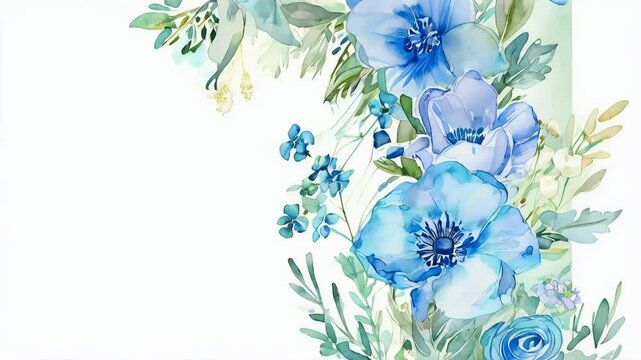 Watercolor painting of blue flowers and green leaves on white background.
