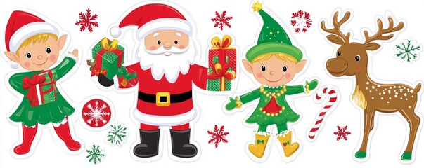 The array of Christmas elements comprises Santa Claus, an elf, reindeer, gingerbread, and a modern interpretation of sugar cane.