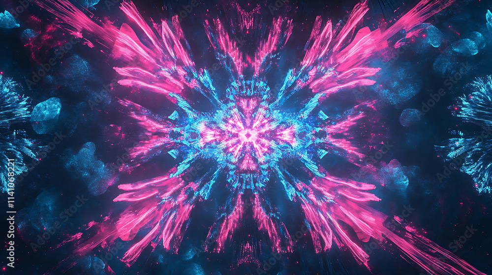 Poster Abstract burst of pink and blue neon lights radiating from the center, creating a dynamic and energetic visual effect
