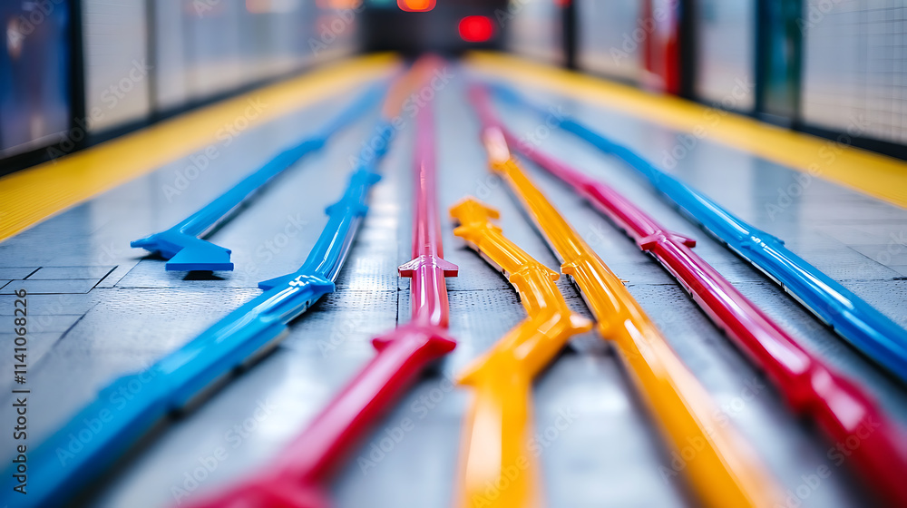 Poster abstract colorful arrows in the shape of subway map lines on a white background
