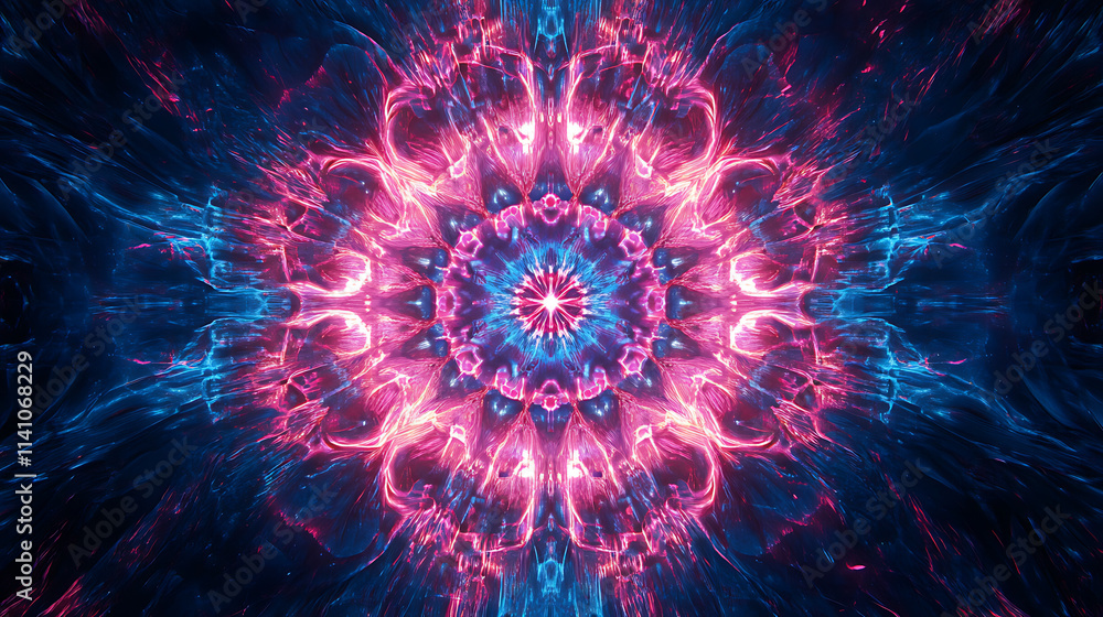 Poster abstract burst of pink and blue neon lights radiating from the center, creating a dynamic and energe