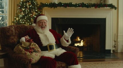 Obraz premium Santa Claus waves happily near a roaring fireplace, with a large red sack of presents by his side, beside a brightly lit Christmas tree in a cozy wooden cabin.
