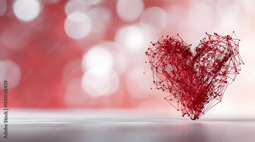 Poster abstract red heart shape formed by interconnected lines and dots on bokeh background.