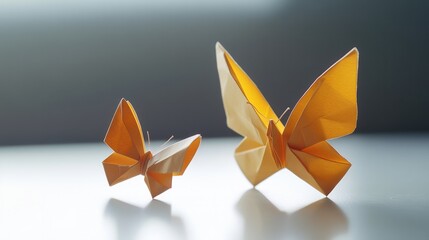 origami butterflies, one large and one small, on a white surface generative ai