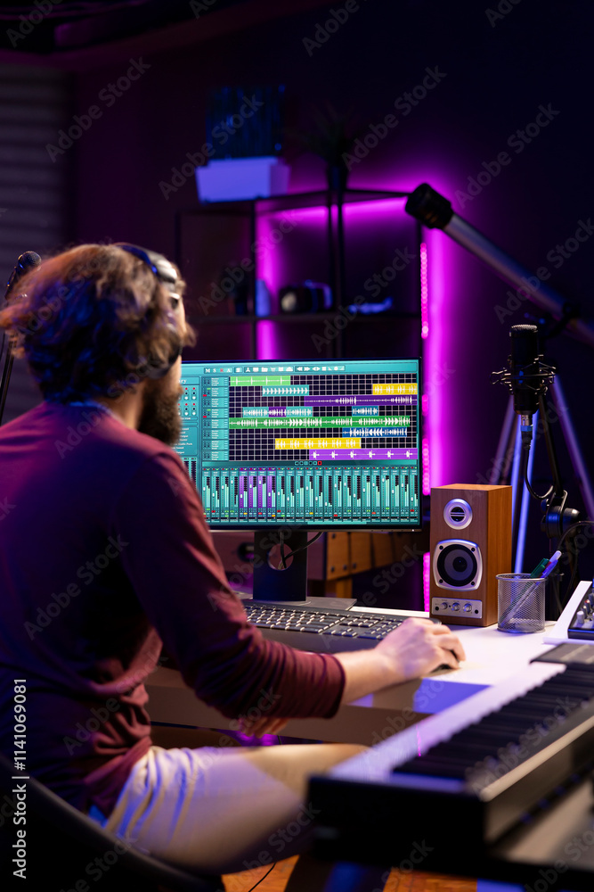 Aufkleber Audio engineer operates mixing equipment and oversees recordings performances to ensure the perfect tunes. Artist producer composing sounds with MIDI controller piano and electronic console.