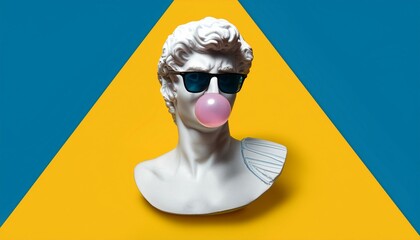 A traditional statue bust, adorned with stylish sunglasses, is depicted blowing a bubble gum...