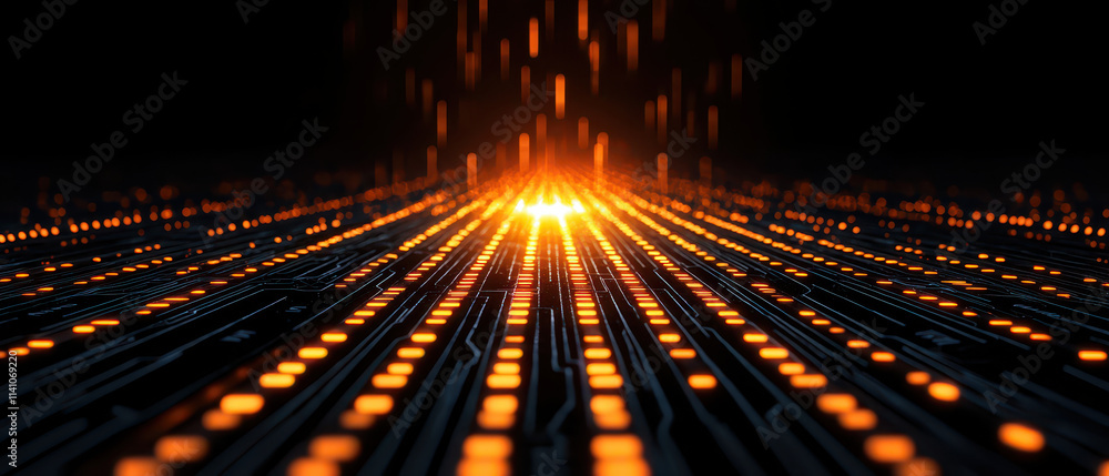 Poster mesmerizing abstract scene of glowing orange pathways on dark background, creating sense of depth an