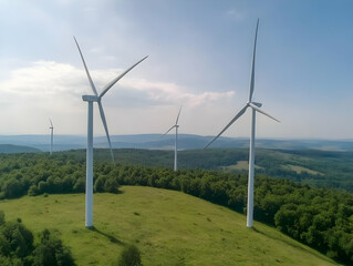 Aerial view of wind turbines on a hilltop amidst lush green forest and blue sky.