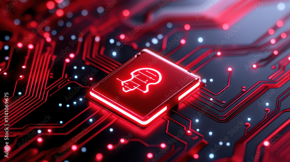 Aufkleber close up view of glowing red microchip with brain symbol, surrounded by intricate circuit patterns, 