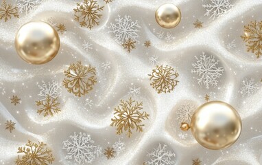 A luxurious Christmas background with metallic gold baubles and delicate snowflake patterns over a vibrant white surface