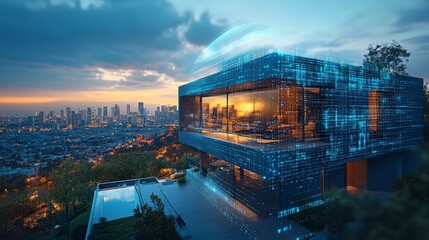 Discussion on the future of smart homes with industry experts in a modern urban setting at sunset