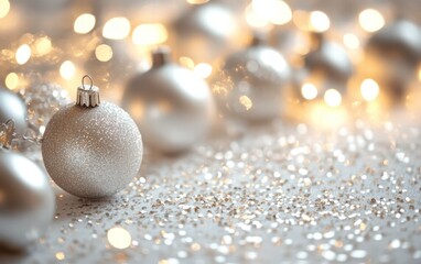 A minimalist Christmas background featuring sparkling silver ornaments and glowing fairy lights scattered on a crisp white surface