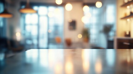 Blurred interior of a modern cafe with warm lighting and a focus on a table surface.