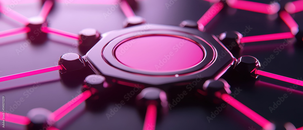 Poster close up view of surreal, futuristic design featuring central circular element surrounded by vibrant