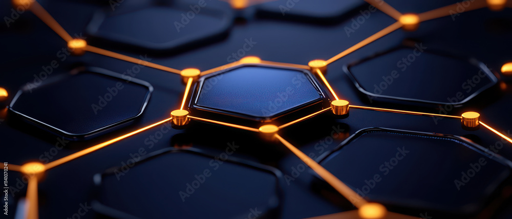 Poster close up view of hexagonal network with glowing orange connections, showcasing modern and futuristic