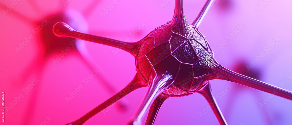 Poster close up of neuron with intricate details, showcasing its structure and connections in vibrant color