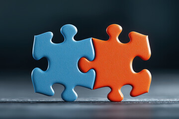 Colorful puzzle pieces in blue and orange connect, symbolizing unity and creativity