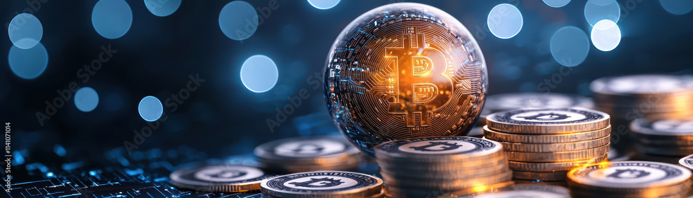 Poster close up of glowing currency symbols with focus on bitcoin, creating surreal atmosphere