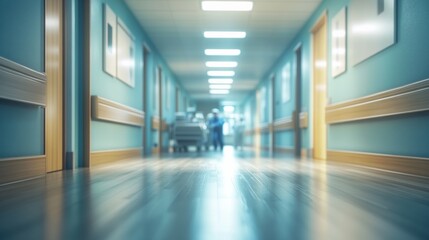 Blurred view of a hospital corridor with medical staff. Concept of healthcare and treatment.