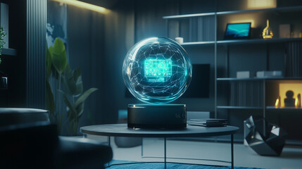 A holographic globe, displaying network data, sits on a coffee table in a modern, dimly lit living room. Futuristic technology integrated into a home environment.