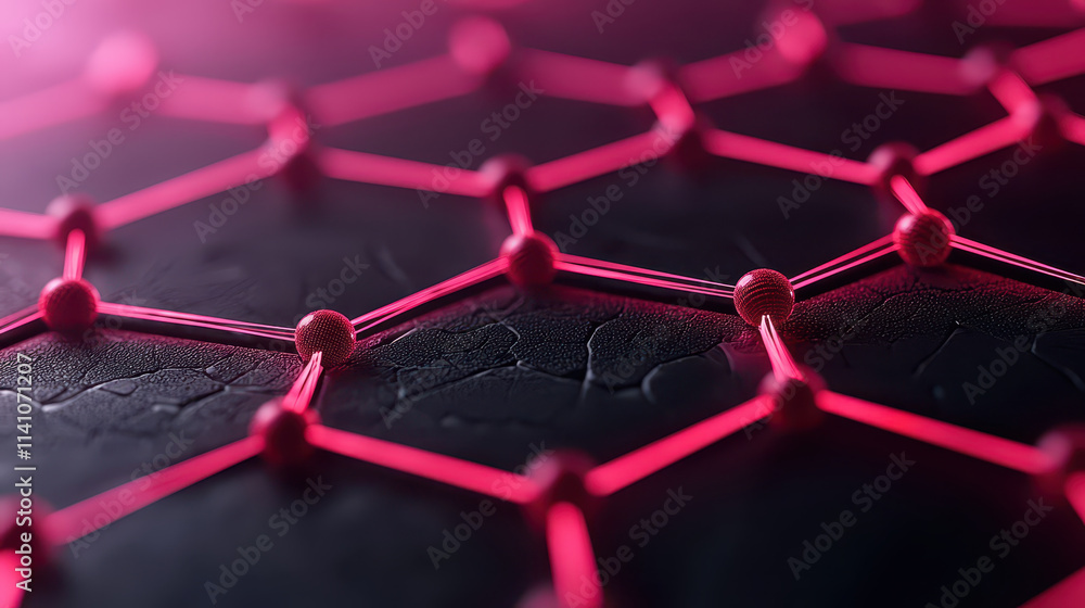 Poster close up view of glowing geometric shapes in hexagonal pattern, showcasing vibrant pink connections 