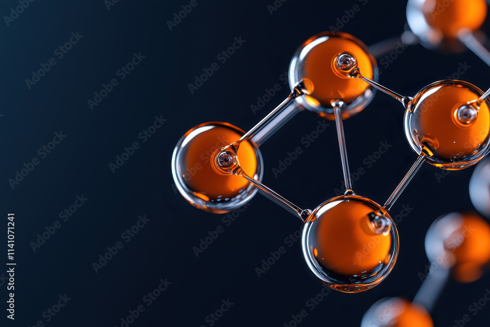 Poster glowing orbs interconnected in surreal design, showcasing molecular structure