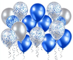 Watercolor illustration of blue balloons set against a transparent background