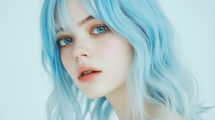 Fototapeta premium Young person with striking blue hair and captivating eyes poses against a light background, showcasing a unique style and expression