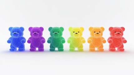Row of colorful, sweet gummy bears on a white background.A line of variously colored, sweet gummy bears against a white backdrop.Sweet gummy bears of diverse colors presented in a row on a white