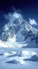 Majestic snow-covered mountain rises under a clear blue sky in a remote icy landscape. Generative AI