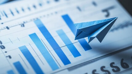 Blue paper plane flying over a series of ascending bars and arrows generative ai