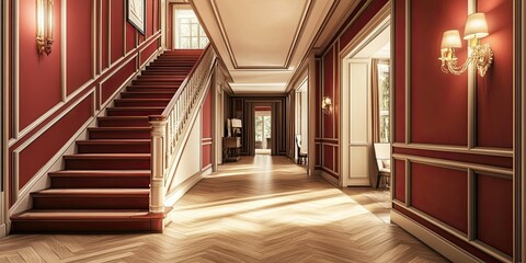 Obraz premium red and cream luxury apartment corridor with elegant wooden staircase and wooden floor 