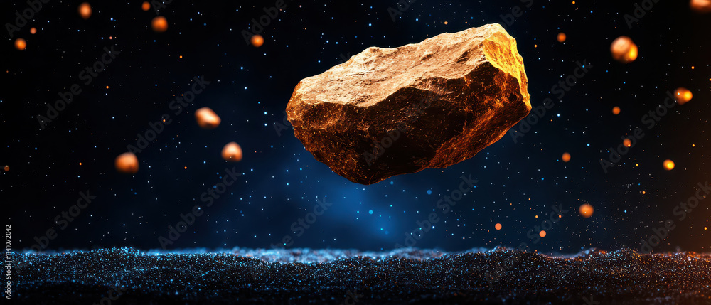 Poster surreal scene of raw mineral floating in cosmic environment, surrounded by shimmering particles and 